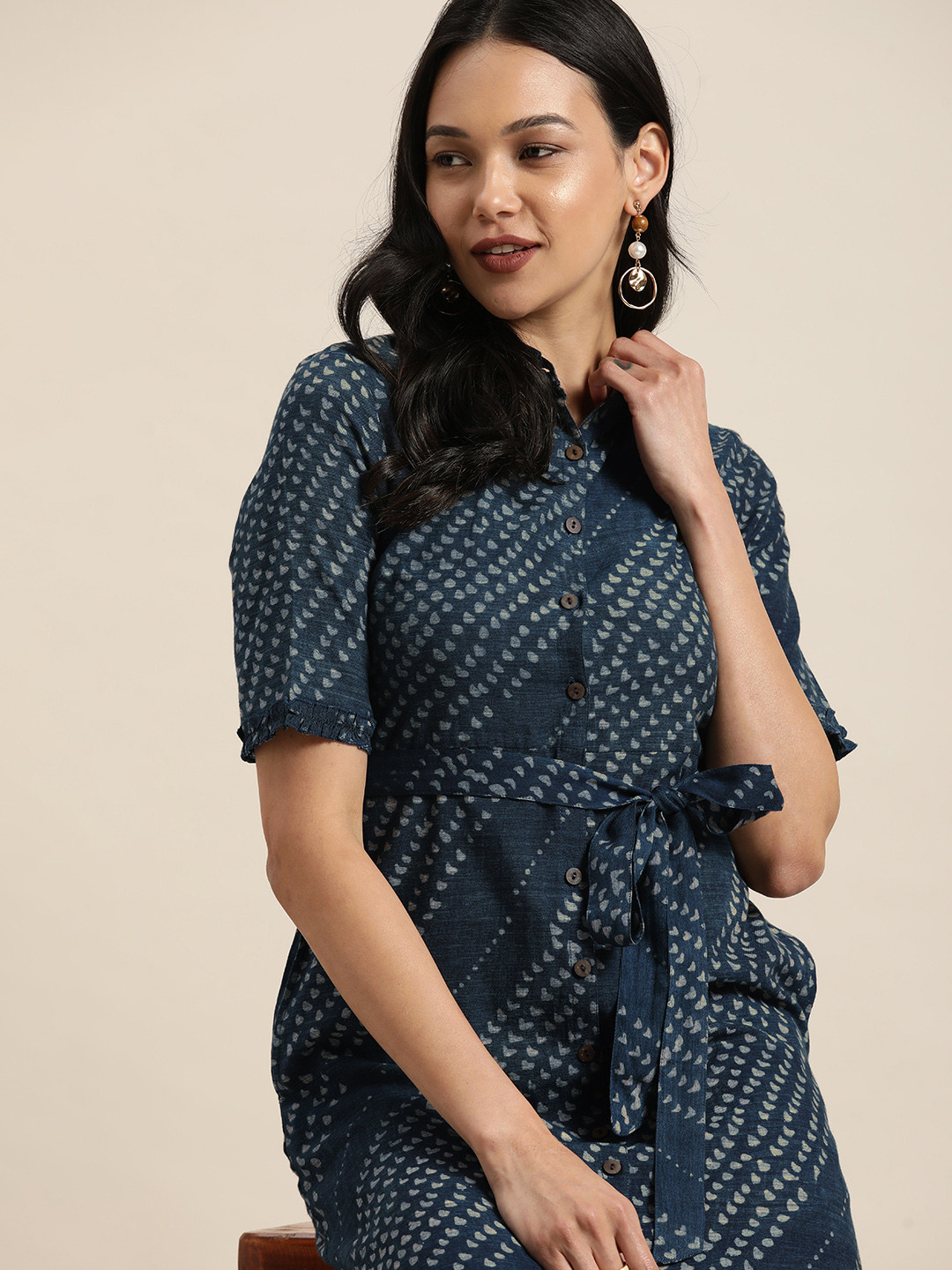 

Taavi Women Navy Blue & Grey Indigo Hand Block Print Shirt Dress with Pocket Detailing