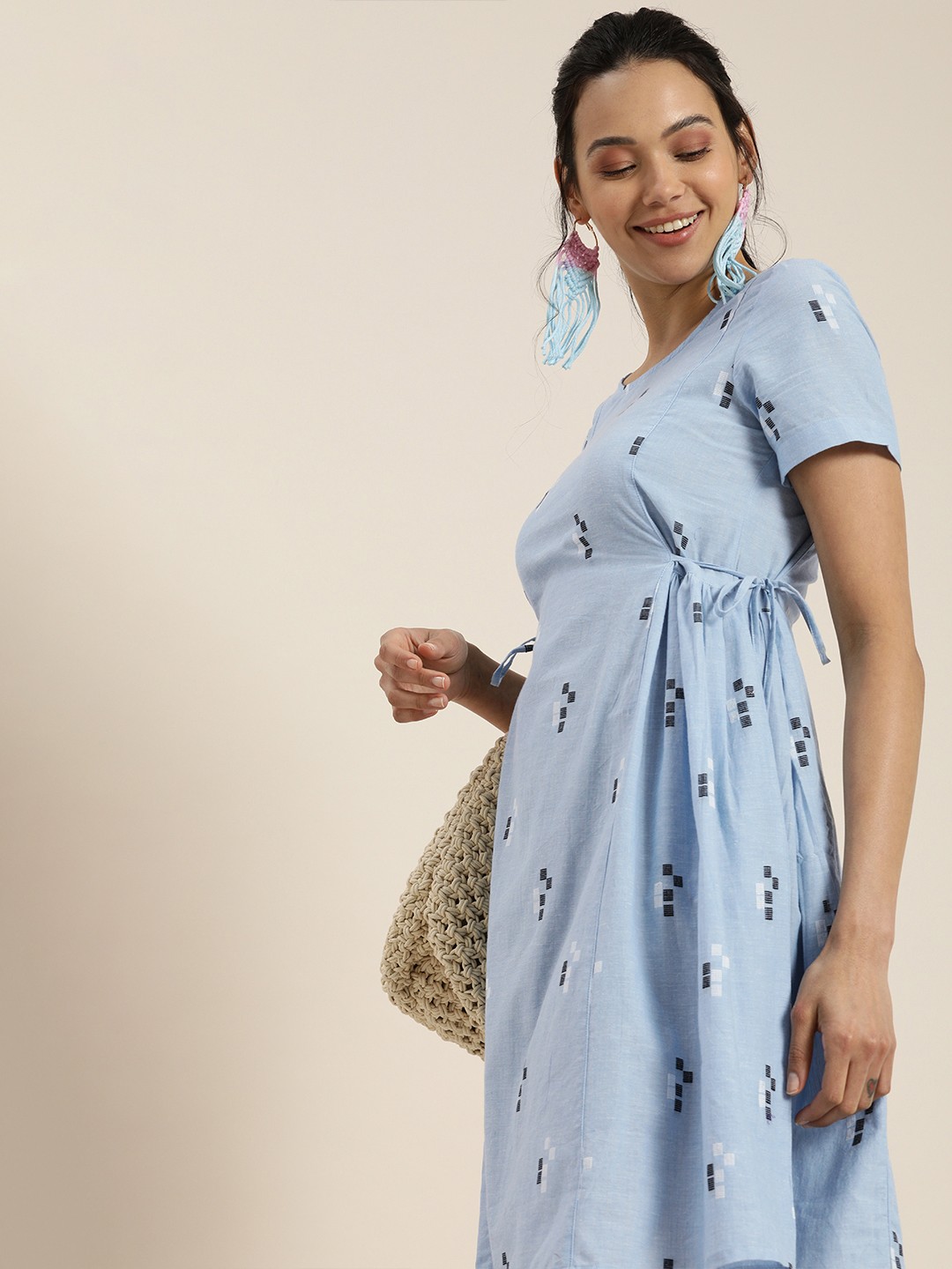 

Taavi Blue & Black Woven Legacy Sustainable Pure Cotton A-Line Dress with Tie-Ups