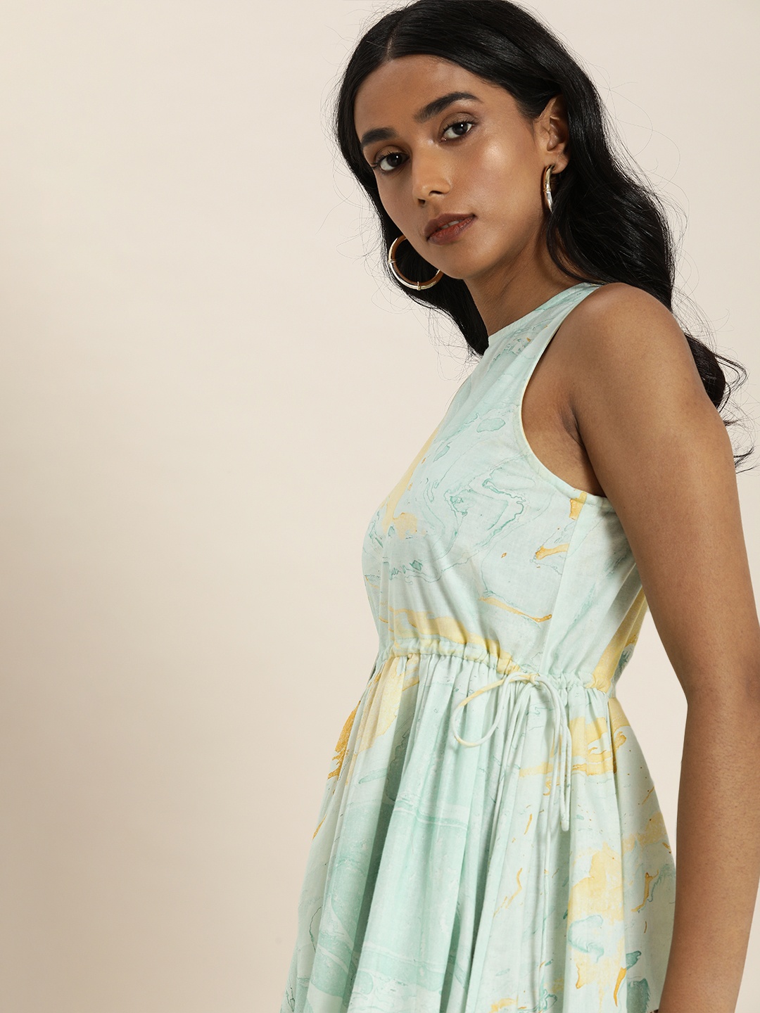 

Taavi Blue & Orange Marbling Print And Flare Sleeveless Dress