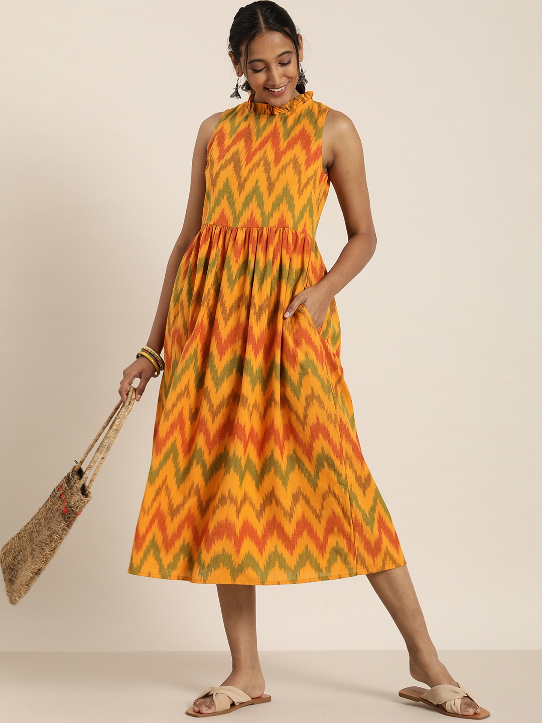 

Taavi Women Yellow & Red Ikat Woven Design Sleevless Sustainable Midi Dress