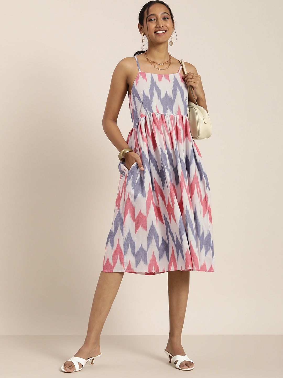 

Taavi Women White & Blue Ikat Woven Design Shoulder Strap Sustainable Midi Dress