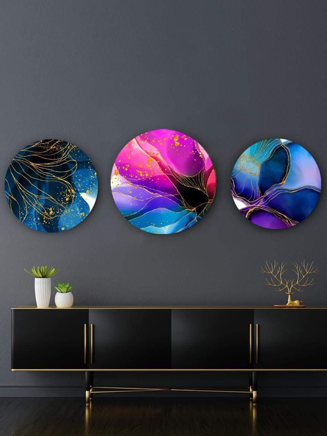 

THE ARTMENT Set of 3 Abstract Flowers in Hues of Blue Canvas - Matte Finish