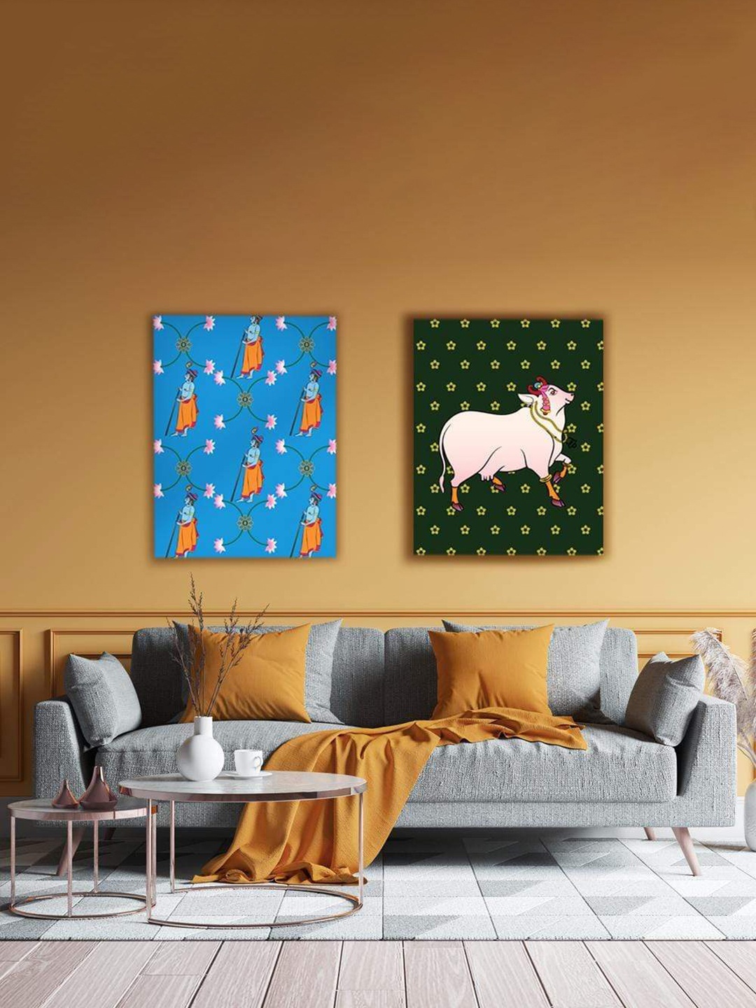 

THE ARTMENT Multicoloured Set of 2 Matte Finish In the Pastures of Gokul Canvas Wall Arts, Multi