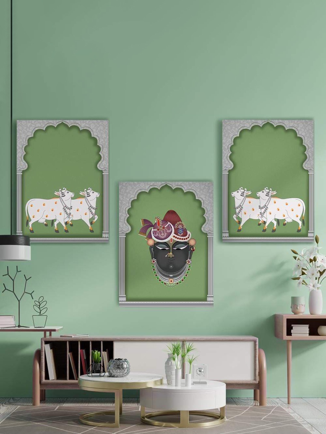 

THE ARTMENT Set of 3 Shreenathji in Gokul with Cows Matte Finish Canvas, Green