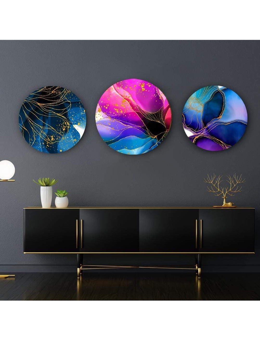 

THE ARTMENT Set of 3 Abstract Flowers in Hues of Blue Matte Finish Canvas- Large