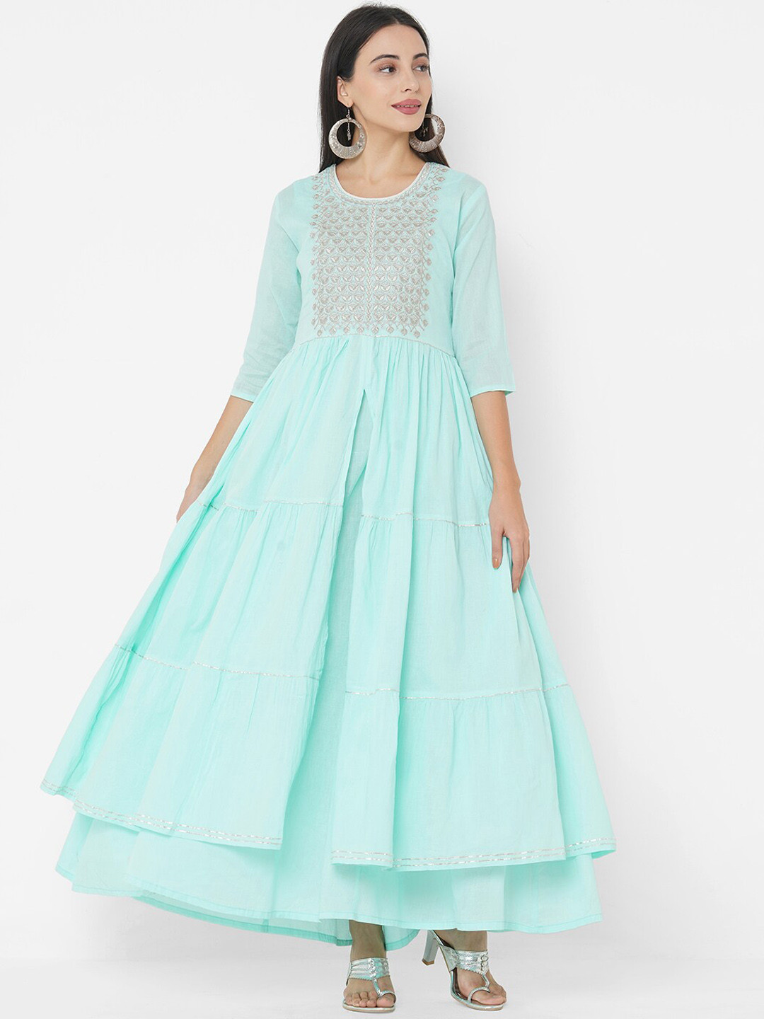 

FASHOR Turquoise Blue Ethnic Motifs Embroidered Layered Ethnic Maxi Dress