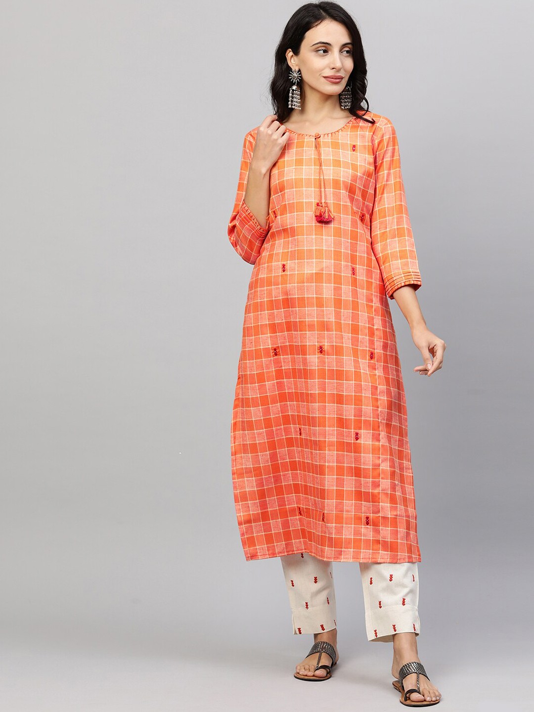 

FASHOR Women Orange Printed Layered Kurti with Trousers