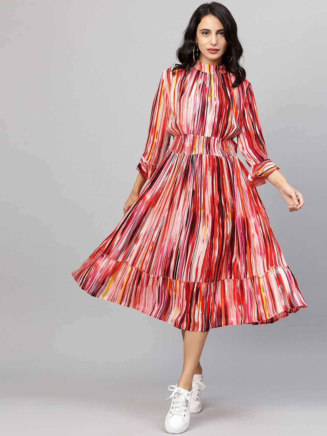 

FASHOR Multicoloured Striped Crepe A-Line Midi Dress, Multi