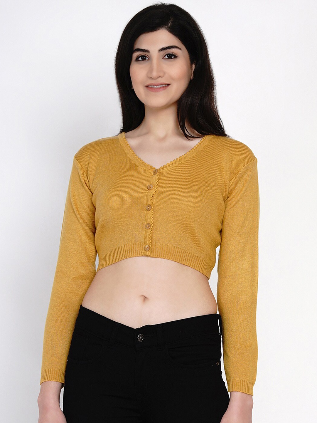 

FABNEST Women Mustard Crop Cardigan