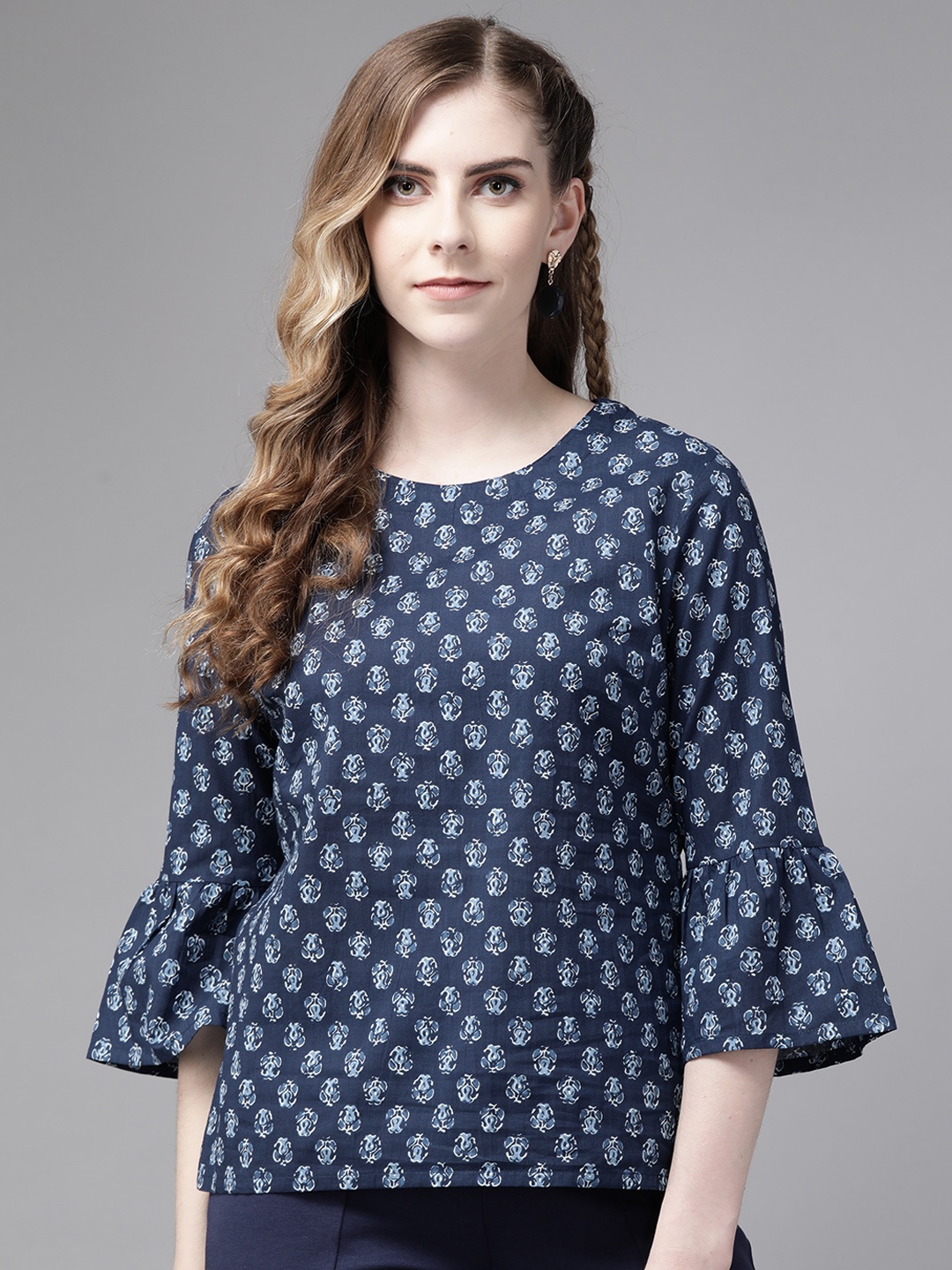

Indo Era Blue Ethnic Motifs Printed Flared Sleeves Kurti