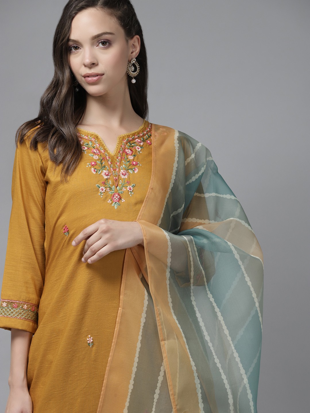 

Indo Era Women Yellow Floral Embroidered Regular Kurta with Trousers & With Dupatta