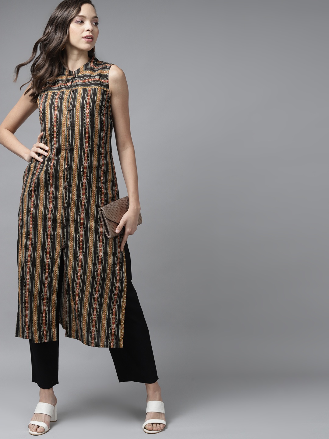 

Indo Era Women Black Striped Kurta