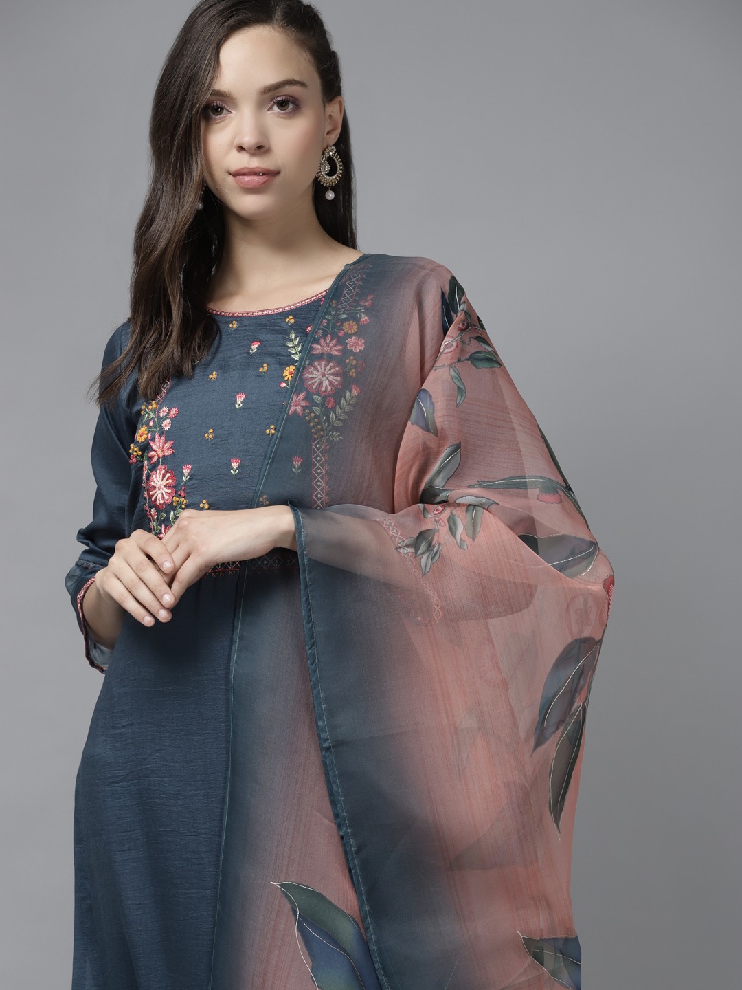 

Indo Era Women Blue Floral Embroidered Regular Kurta with Trousers & With Dupatta