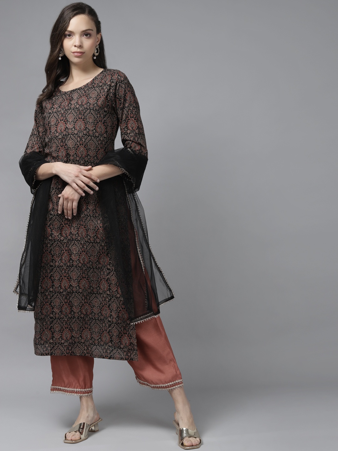 

Indo Era Women Black Ethnic Motifs Regular Kurta with Palazzos & With Dupatta