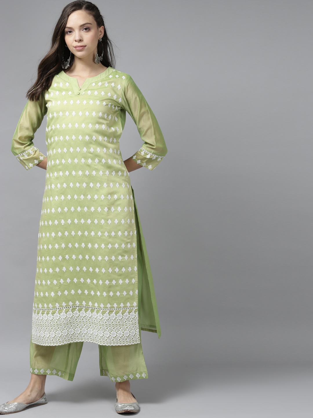 

Indo Era Women Green Floral Embroidered Regular Kurta with Palazzos