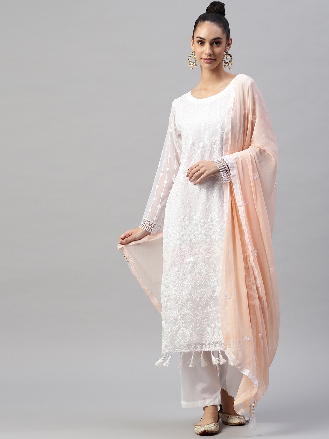 

Readiprint Fashions White & Peach-Coloured Embroidered Unstitched Dress Material