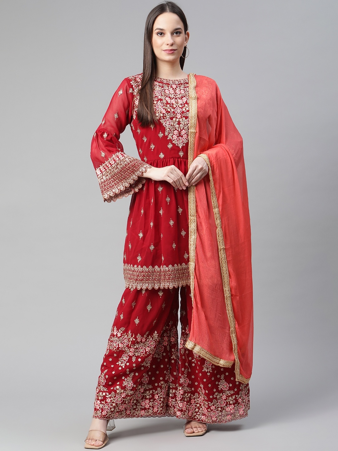 

Readiprint Fashions Maroon & Coral Embroidered Semi-Stitched Dress Material