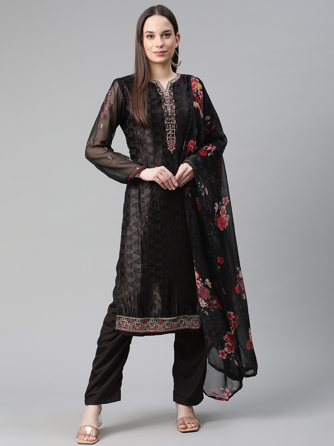 

Readiprint Fashions Black Silk Crepe Semi-Stitched Dress Material