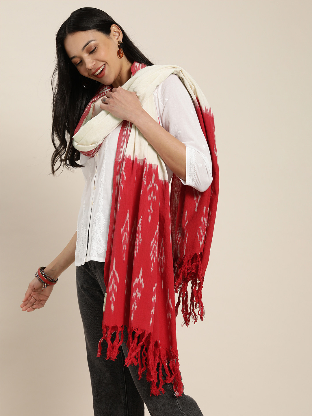 

Taavi Red & White Dyed Pure Cotton Ikat Dupatta