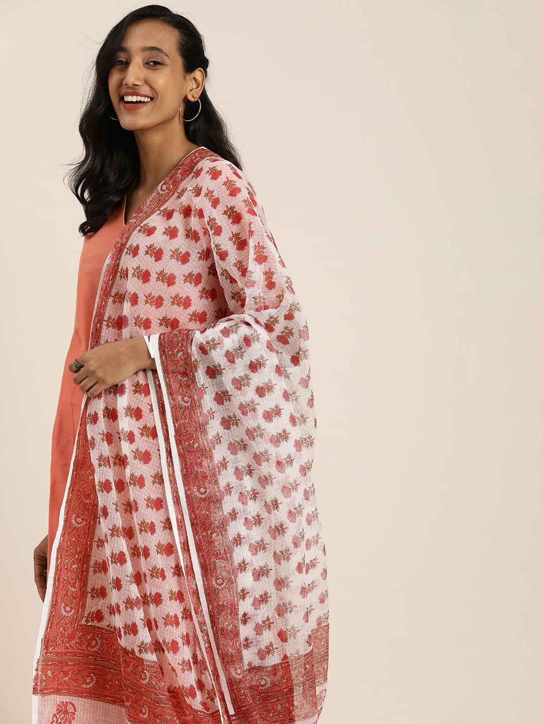 

Taavi Red & White Floral Block Print Legacy Dupatta