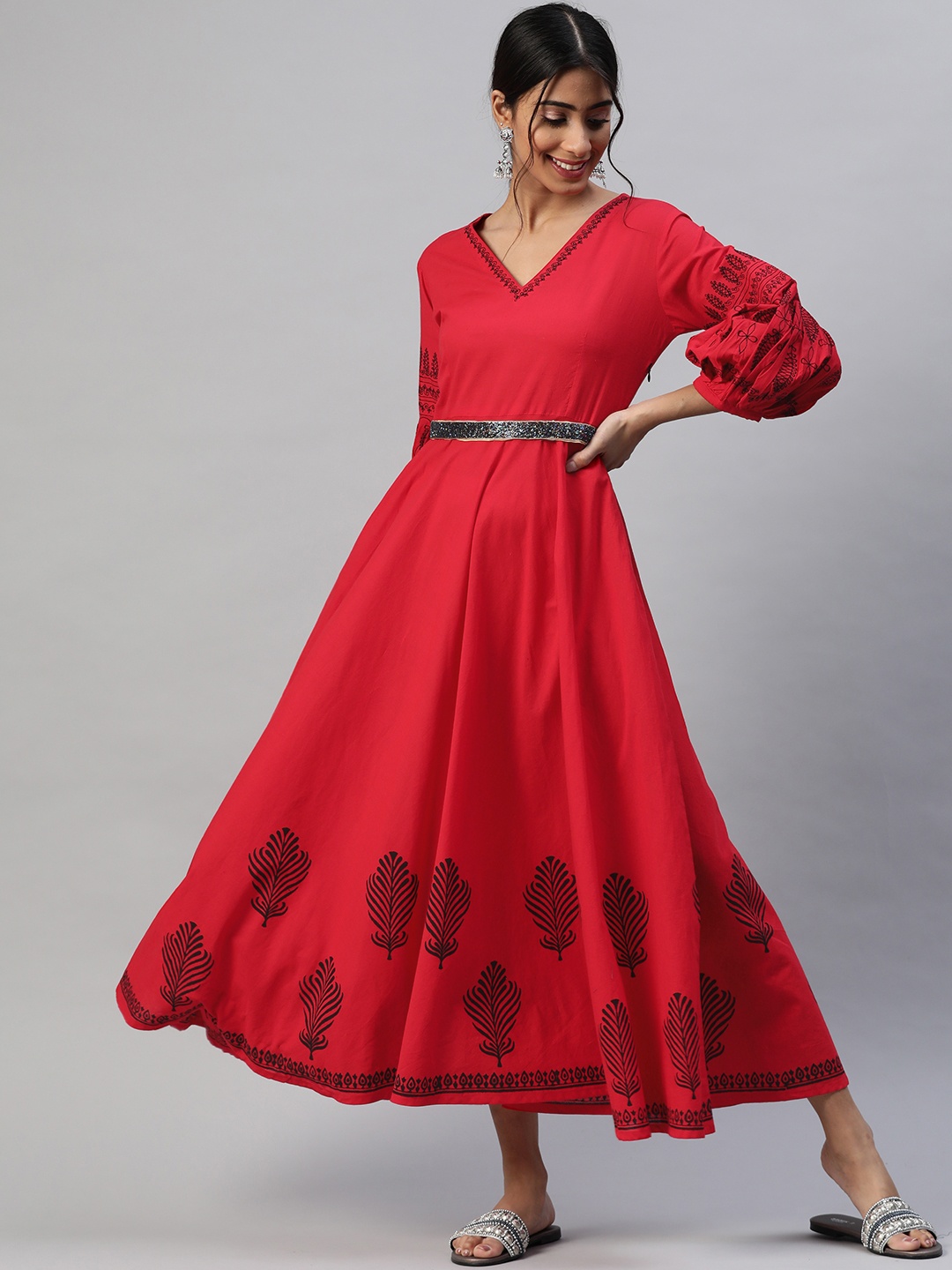 

Hatheli Red Cotton Ethnic Hand Block Motifs Handcrafted Embroidered Maxi Dress with Belt