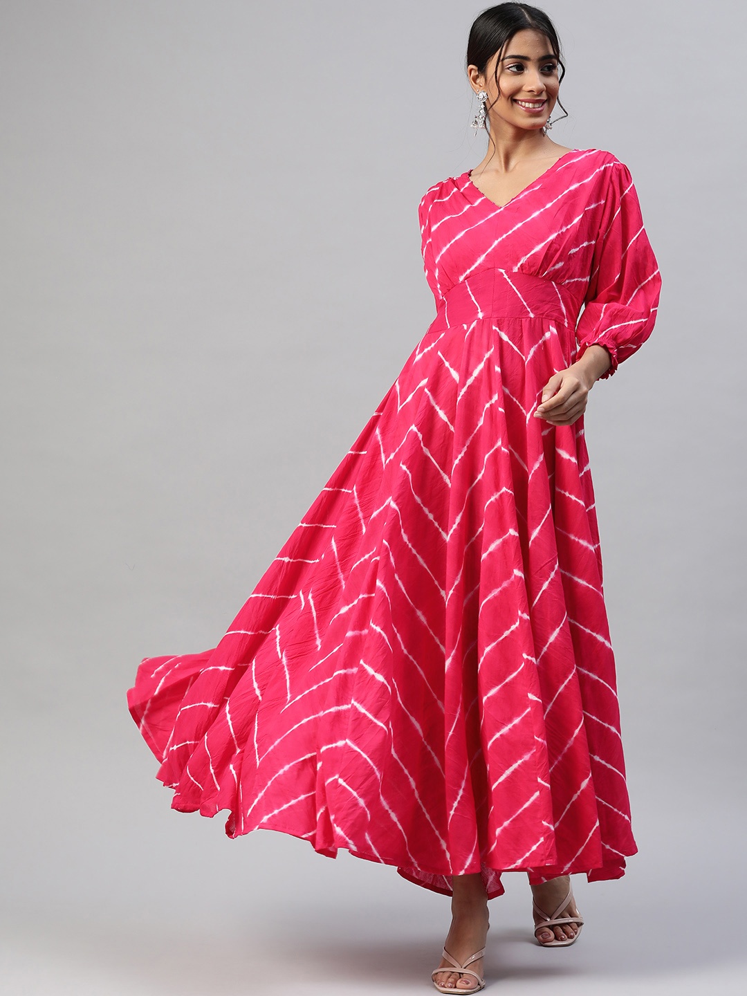 

Hatheli Pink Pure Cotton Fit & Flare Hand Tied Lehariya Maxi Dress