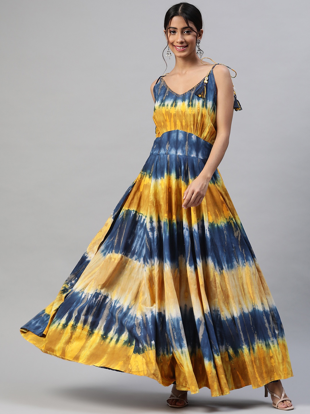 

Hatheli Mustard Yellow & Blue Cotton Tie and Dye Maxi Dress