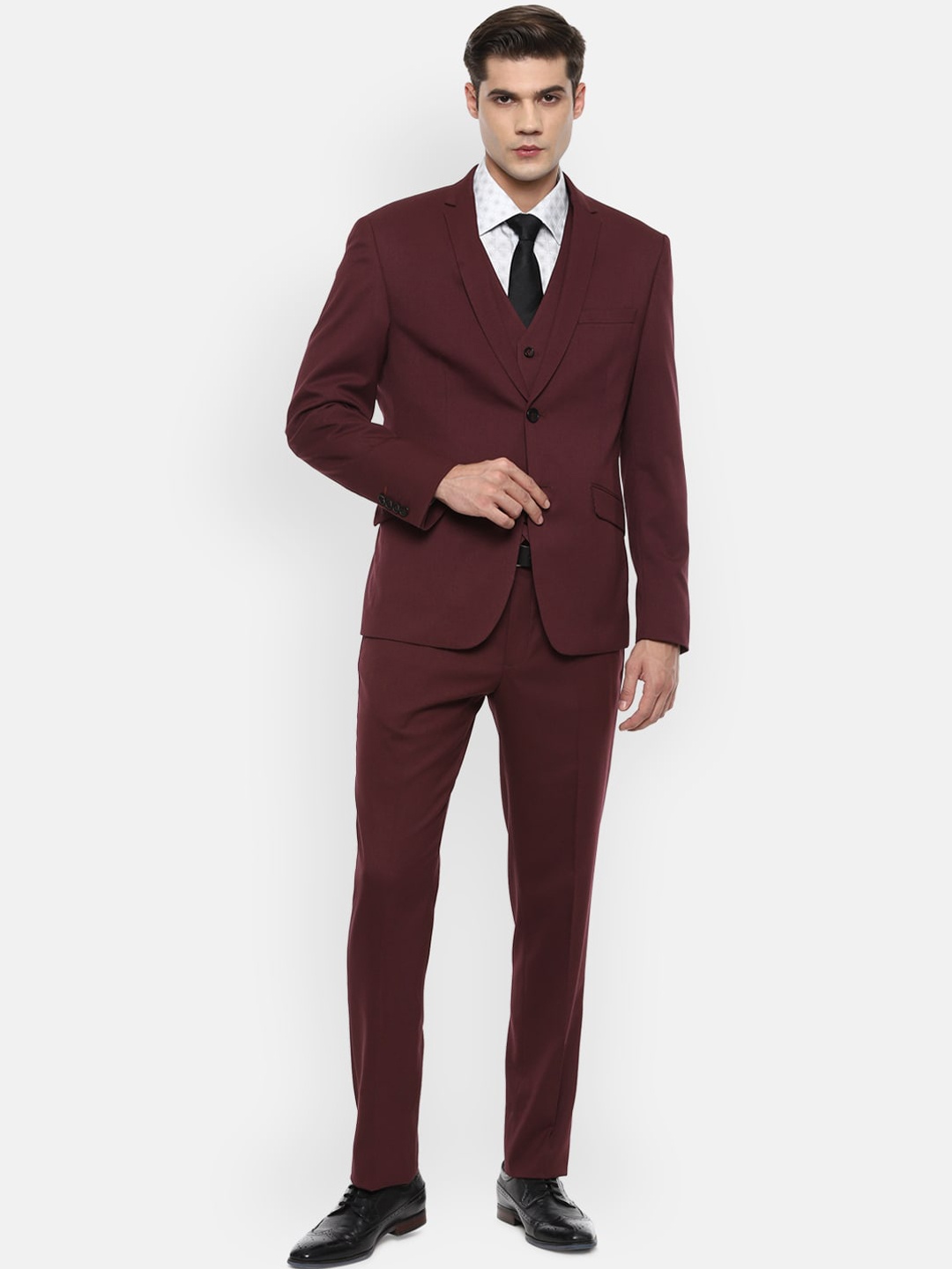 

V Dot Men Maroon Solid Slim Fit Three Piece Suit