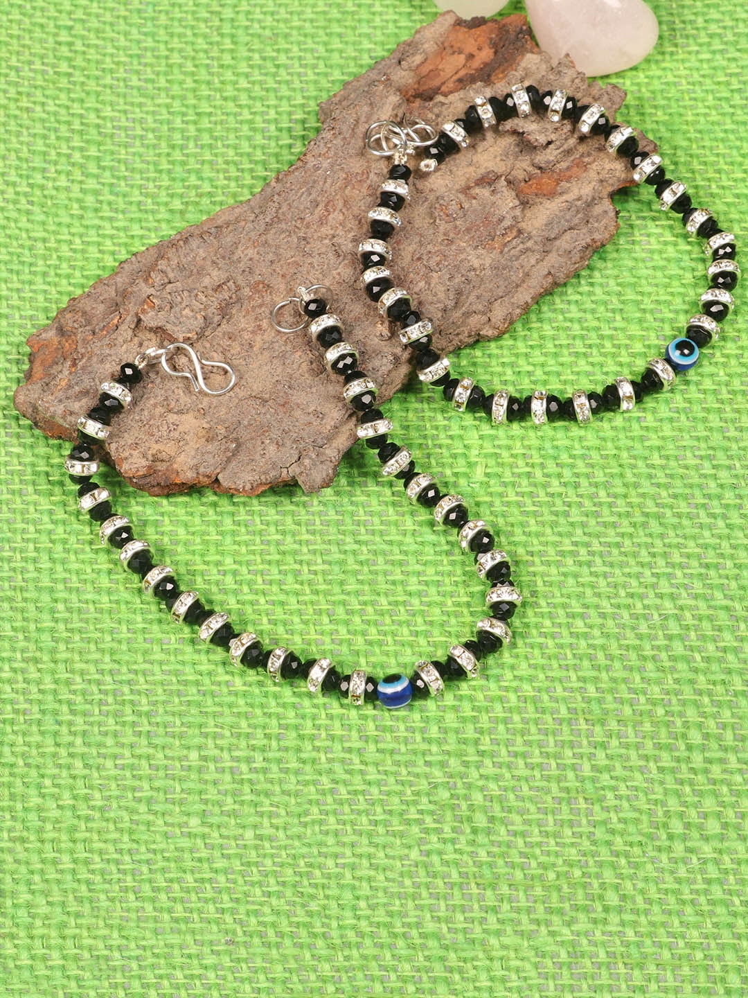 

PENNY JEWELS Set Of 2 Silver-Plated Black & Blue Beaded Handcrafted Anklets