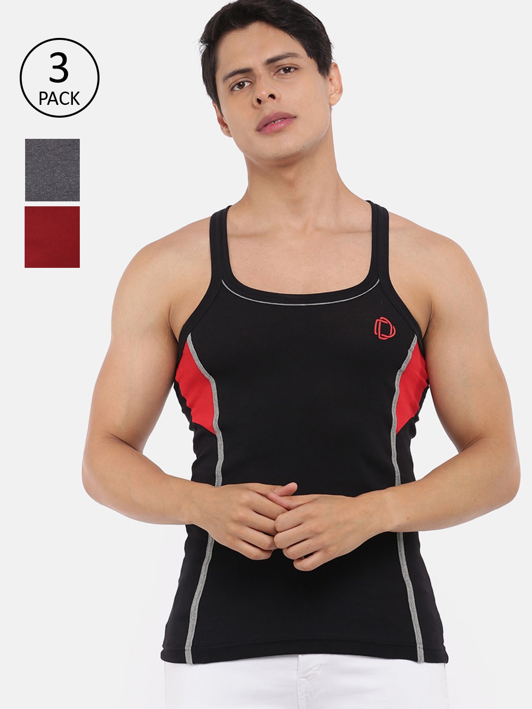 

Dollar Bigboss Men's Assorted Pack of 3 Cotton Racerback Styled Gym Vest