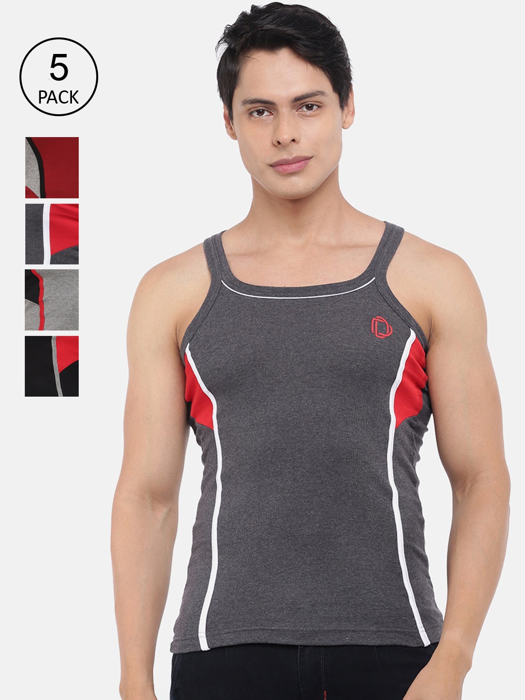 

Dollar Bigboss Men Assorted Pack of 5 Cotton Racerback Styled Gym Vest