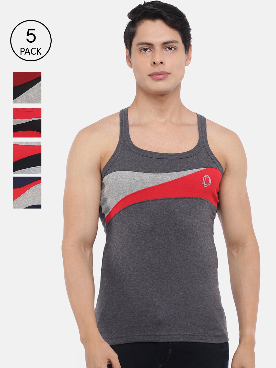 

Dollar Bigboss Men Assorted Pack of 5 Super Combed Cotton Racerback Styled Gym Vest