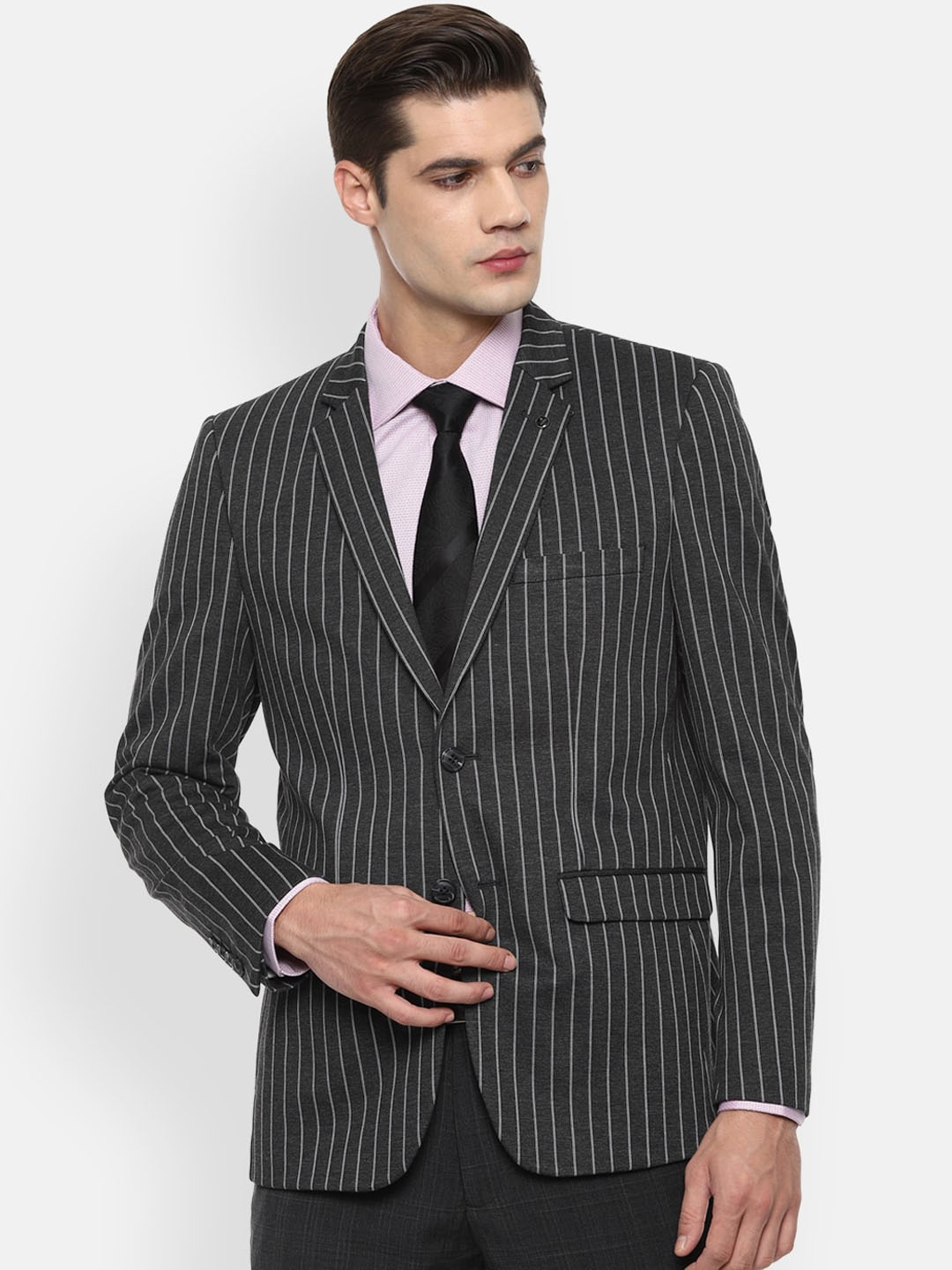 

Van Heusen Men Black And White Striped Slim-fit Blazer