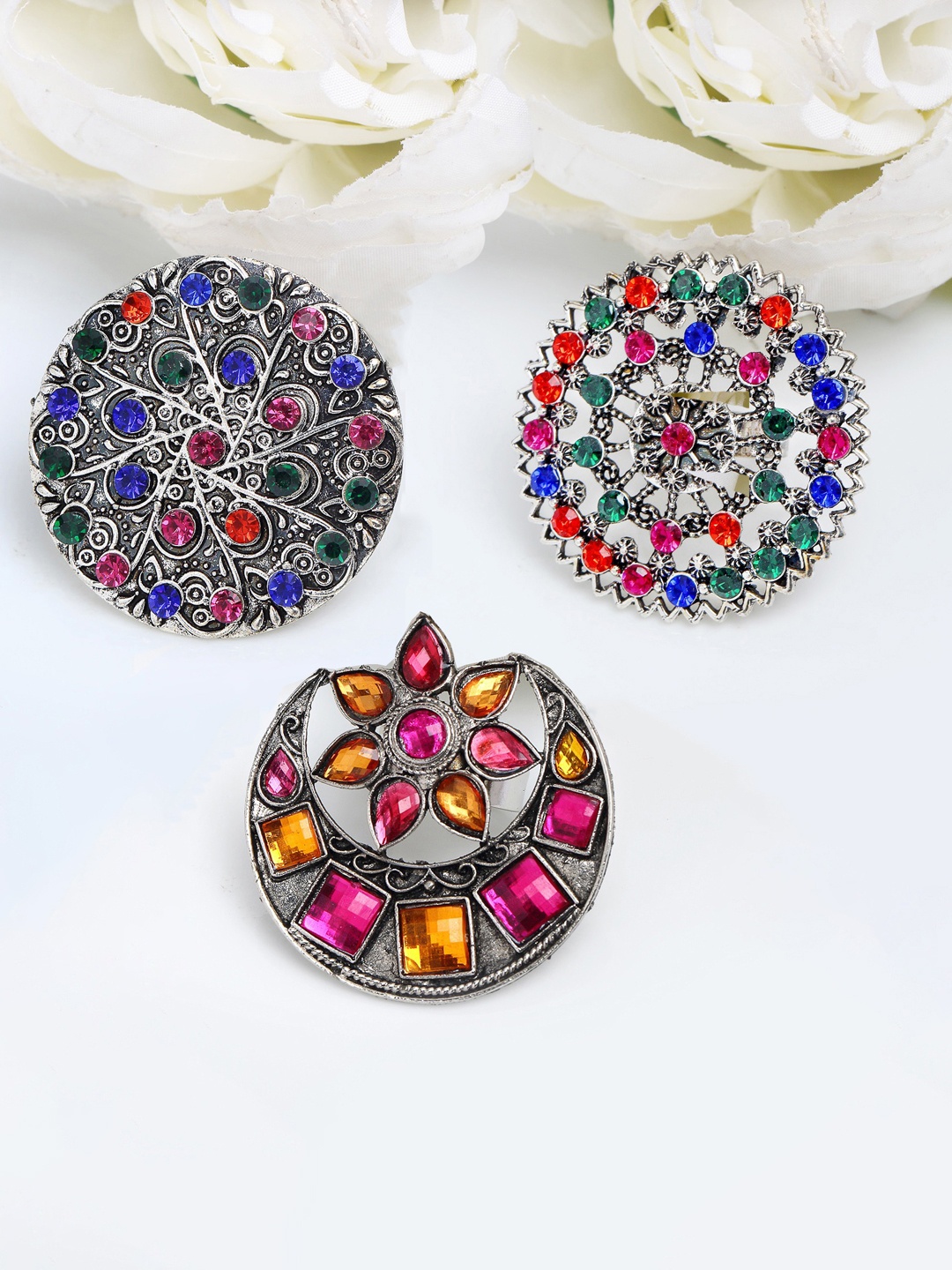 

YouBella Set Of 3 Multicoloured Oxidised Silver-Plated Rings, Multi