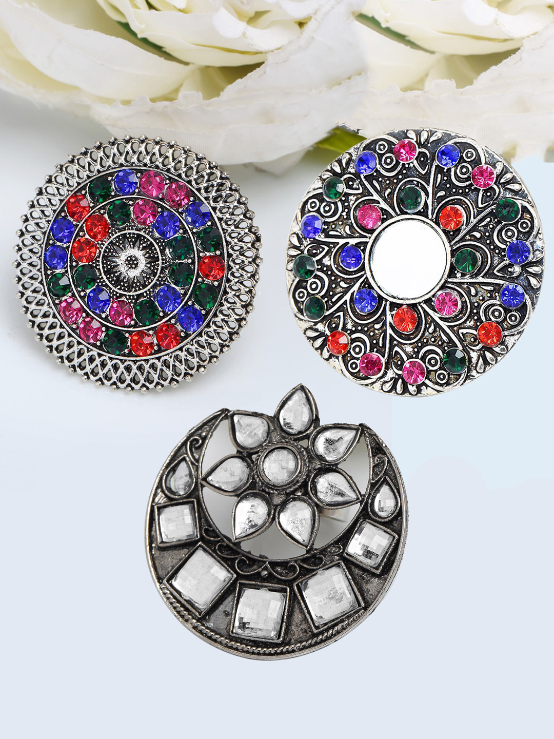 

YouBella Oxidised Set Of 3 Silver-Plated Stone-Studded Beaded Adjustable Finger Ring
