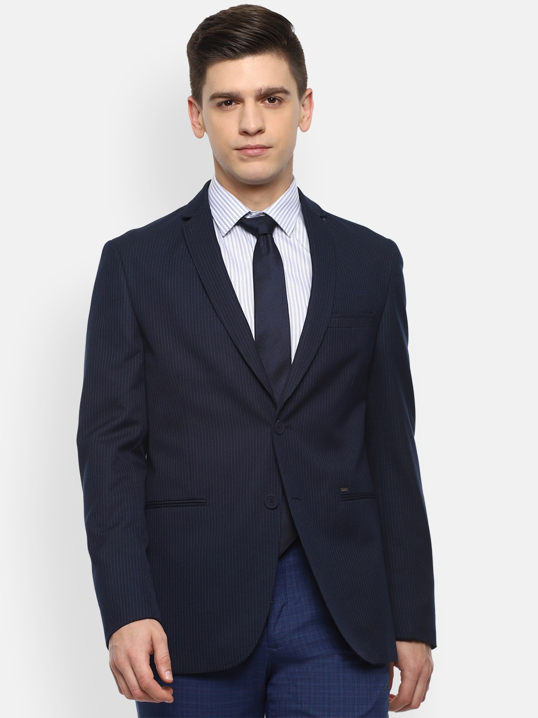 

Van Heusen Sport Men Navy Blue & White Striped Slim-Fit Single-Breasted Blazer