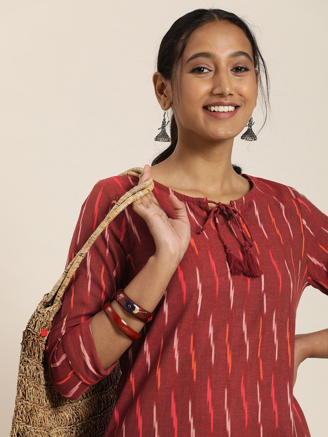 

Taavi Women Maroon Ikat Woven Design Pure Cotton Kurta with Trousers