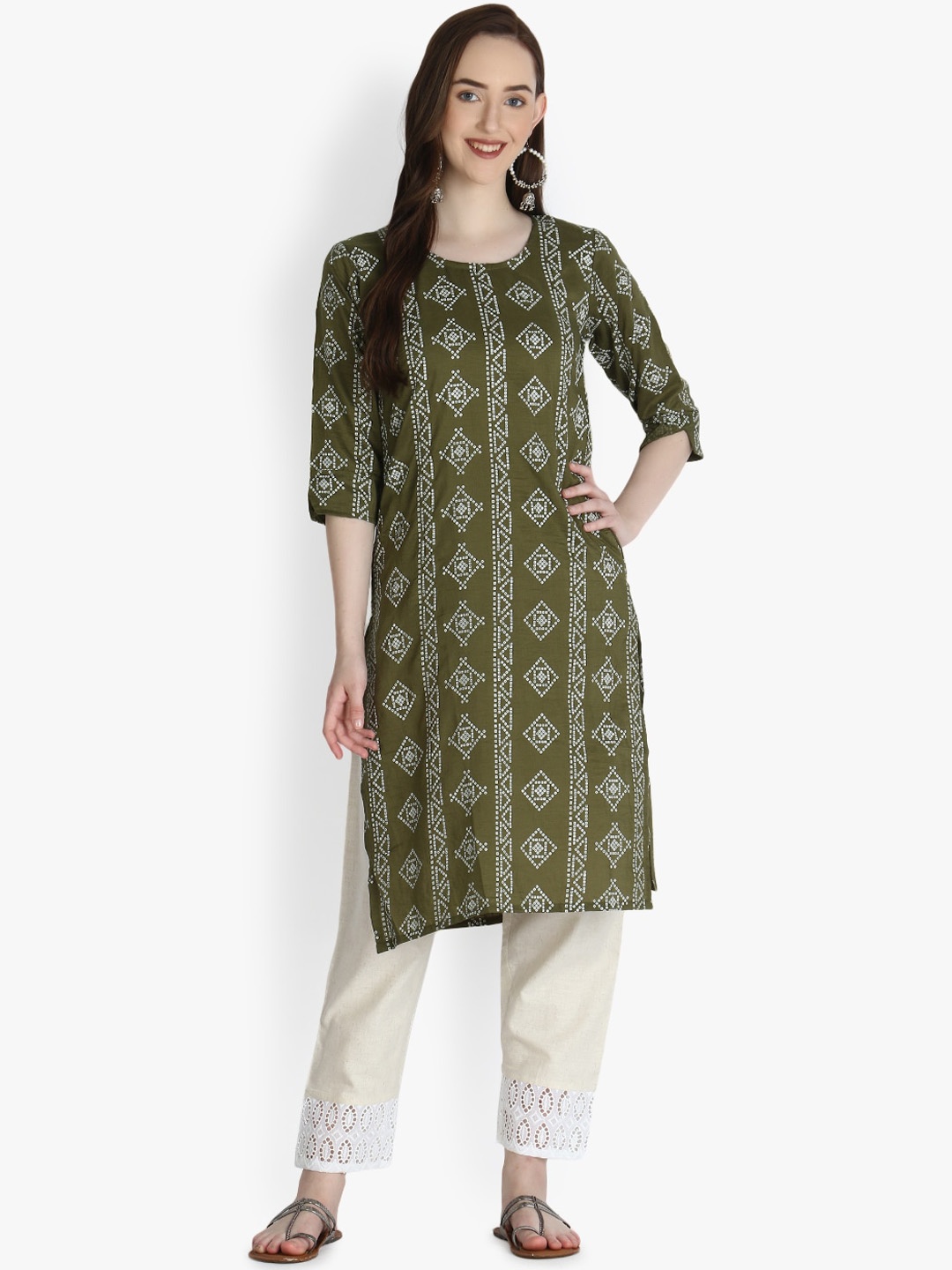 

OM SAI LATEST CREATION Women Olive Green Printed Kurta