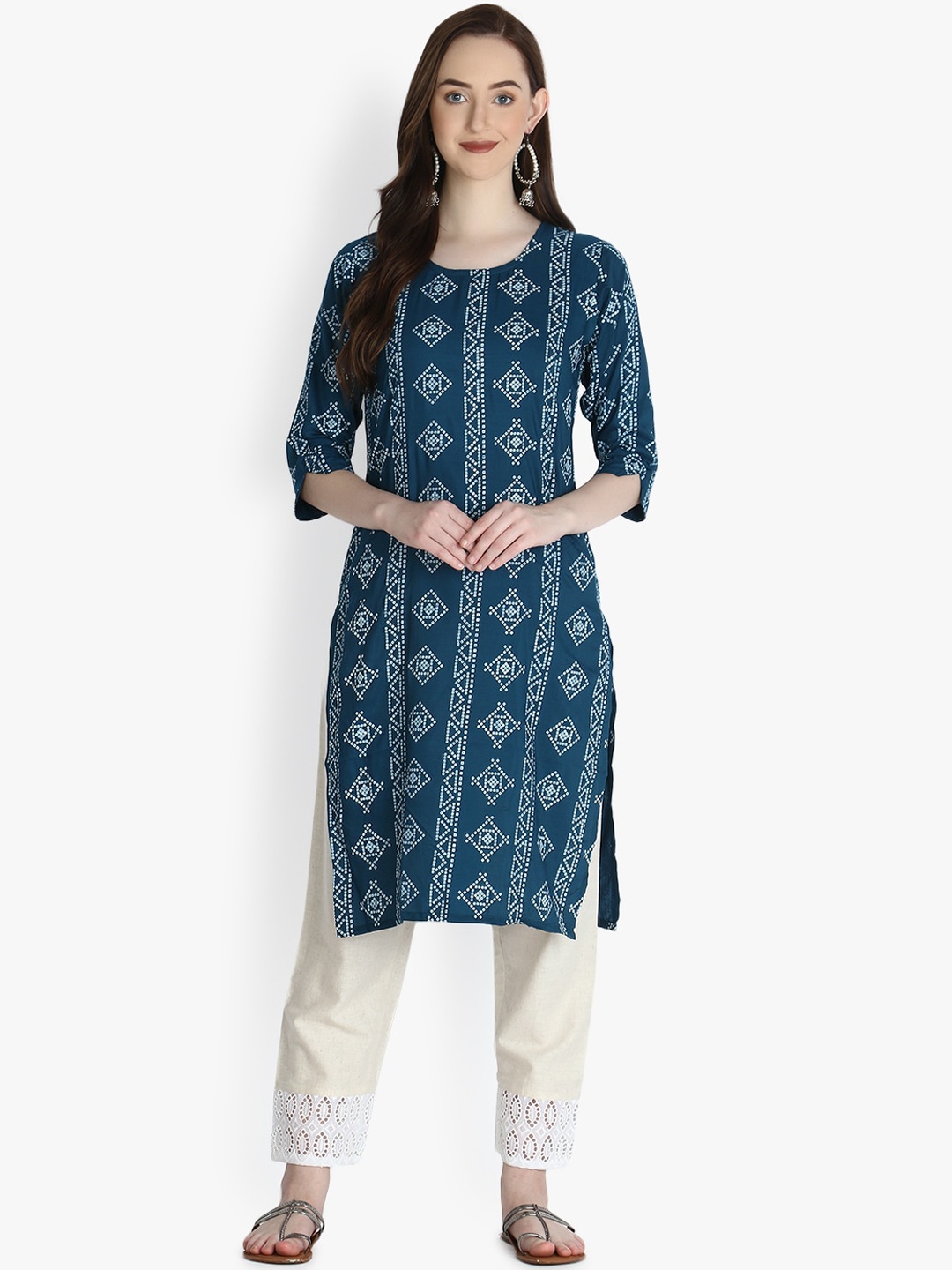 

OM SAI LATEST CREATION Women Blue & White Ethnic Motifs Printed Kurta
