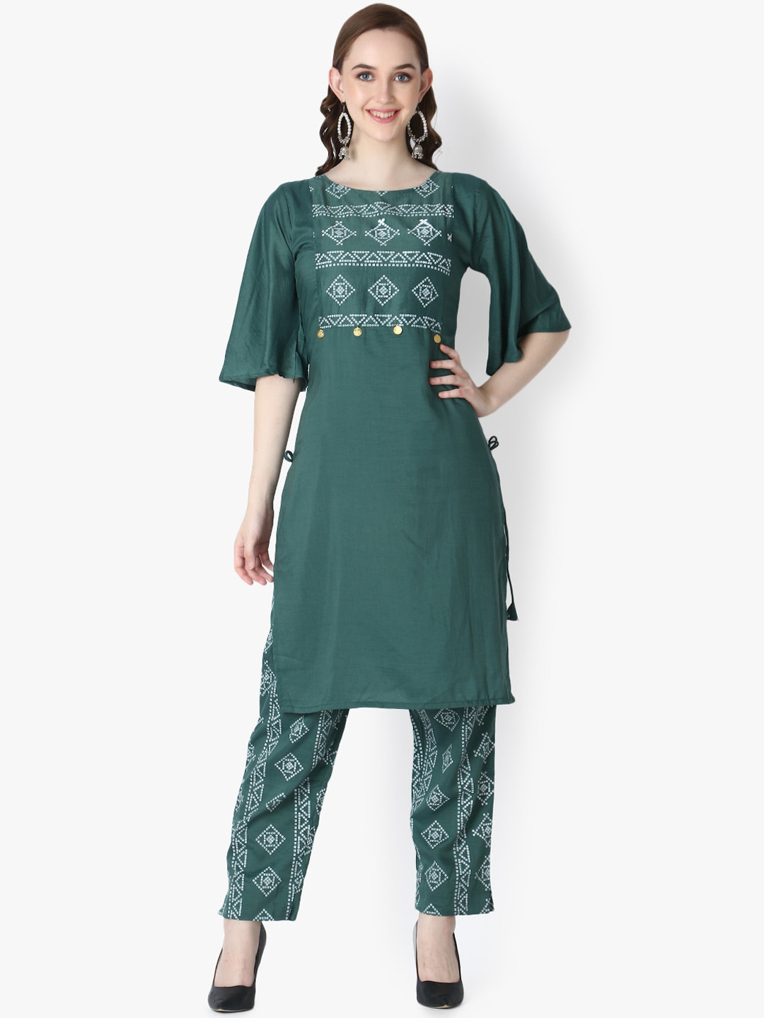 

OM SAI LATEST CREATION Women Teal Ethnic Motifs Embroidered Flared Sleeves Thread Work Kurta