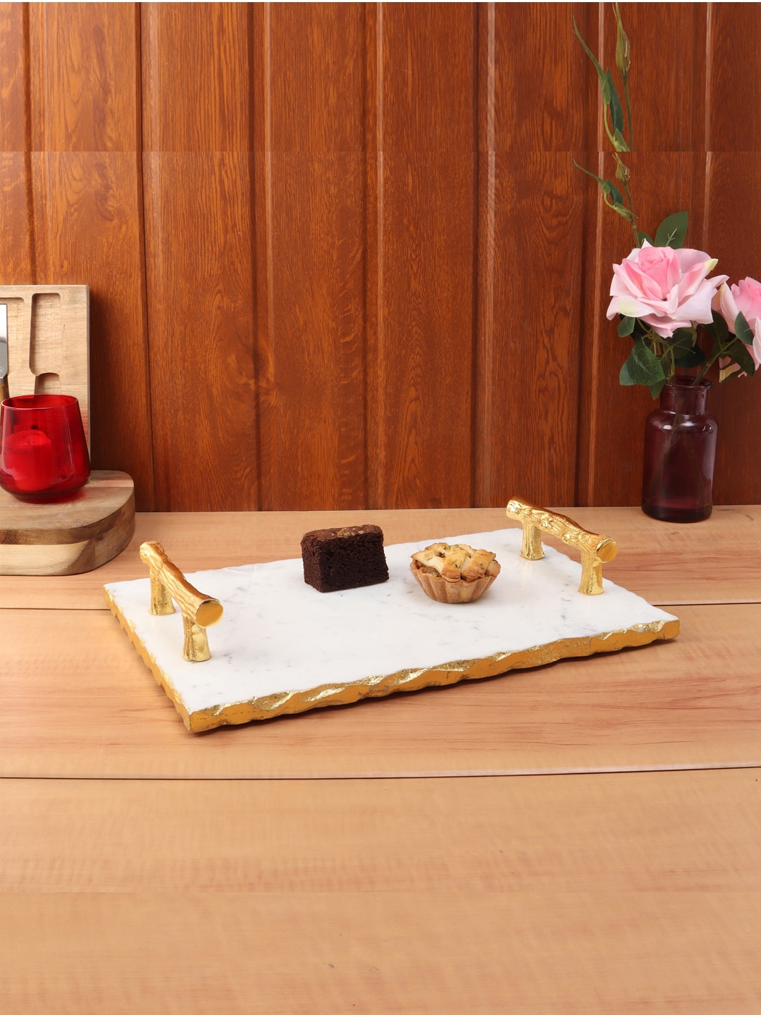 

NikkisPride White & Gold-Toned Marble Serving Tray With Metal Handle
