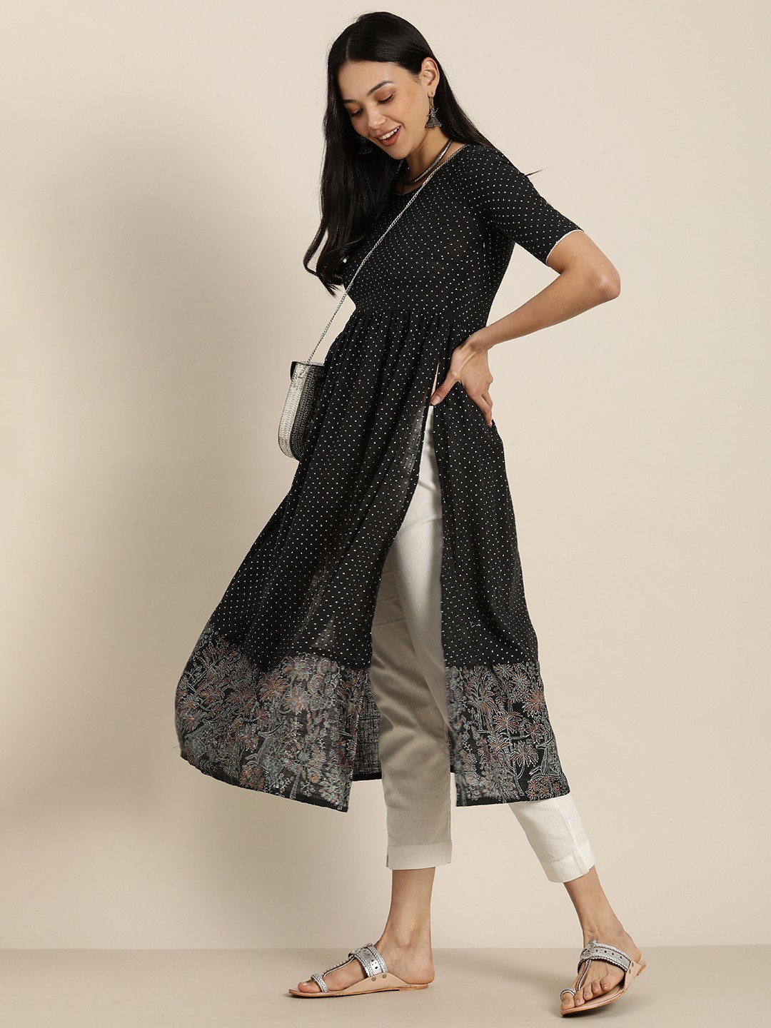 

Taavi Women Black & White Handblock Printed A-Line Festive Kurta
