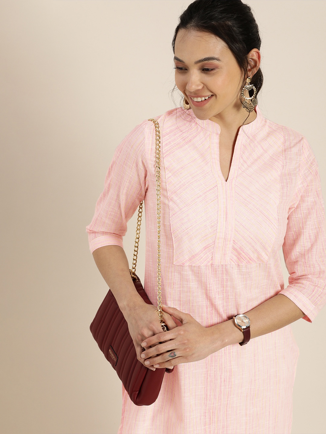 

Taavi Women Pink Woven Legacy Striped Pure Cotton Sustainable Kurta