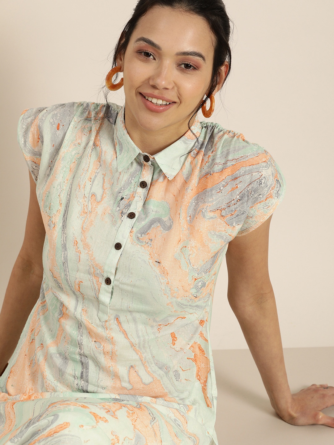 

Taavi Women Sea Green & Orange Marbling Print Extended Sleeves Cotton Sustainable Kurta