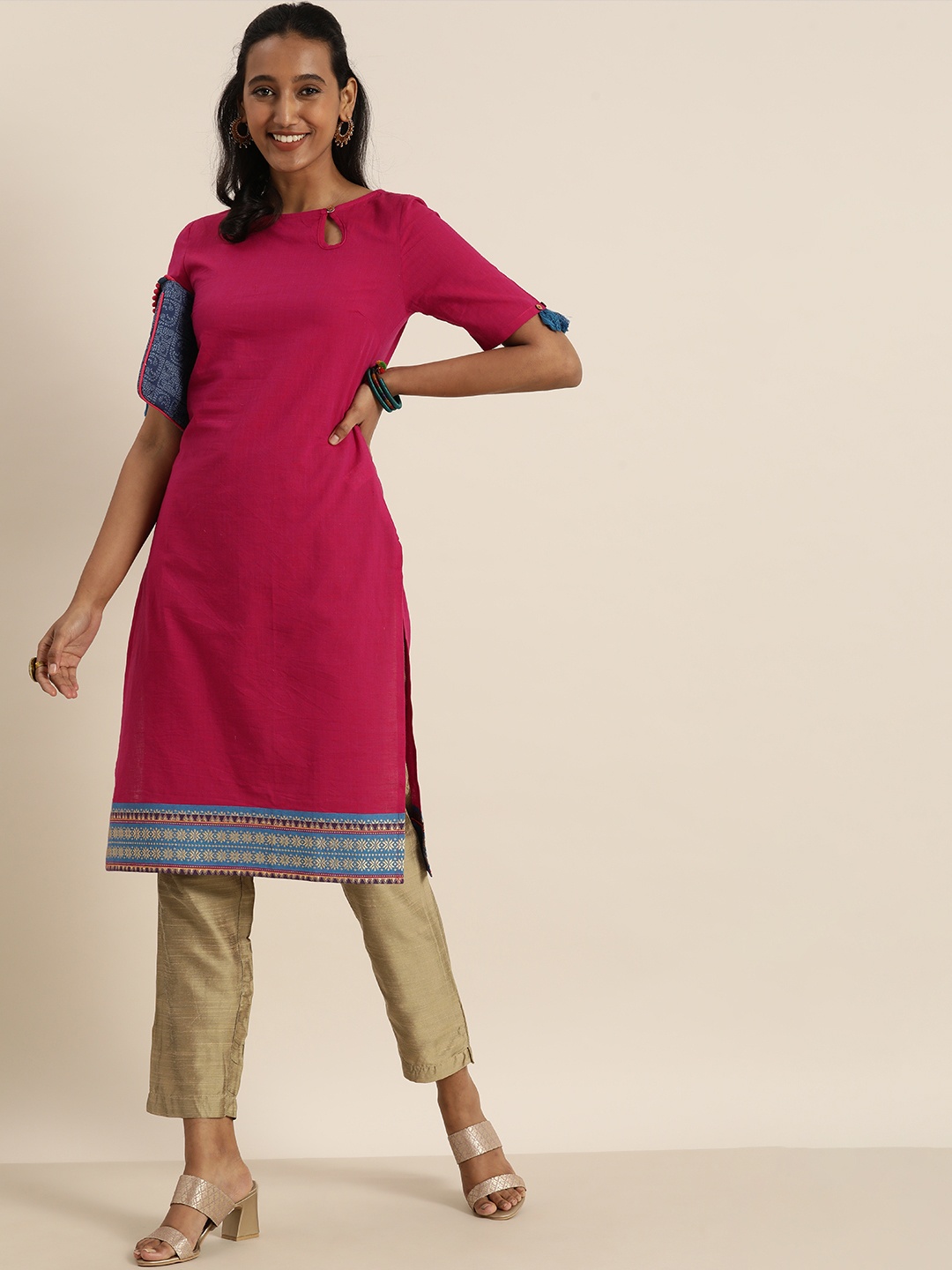 

Taavi Women Pink Solid Woven Legacy Pure Cotton Ethnic Kurta With Zari Detailing
