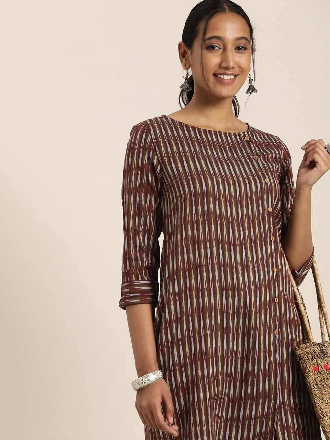 

Taavi Women Brown Ikat Woven Design Pure Cotton Kurta