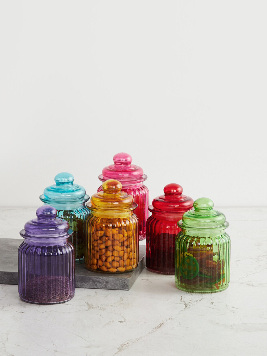 

Home Centre Set Of 6 Textured Glass Canisters with Lid 250 ml, Pink