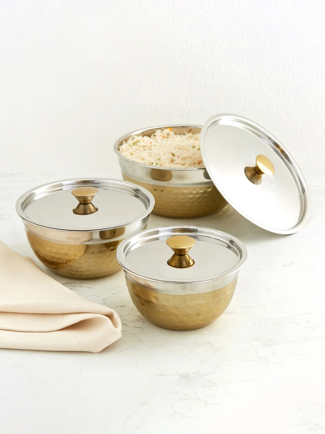 

Home Centre Set Of 3 Gold-Toned Textured Stainless Steel Serving Bowl With Lid