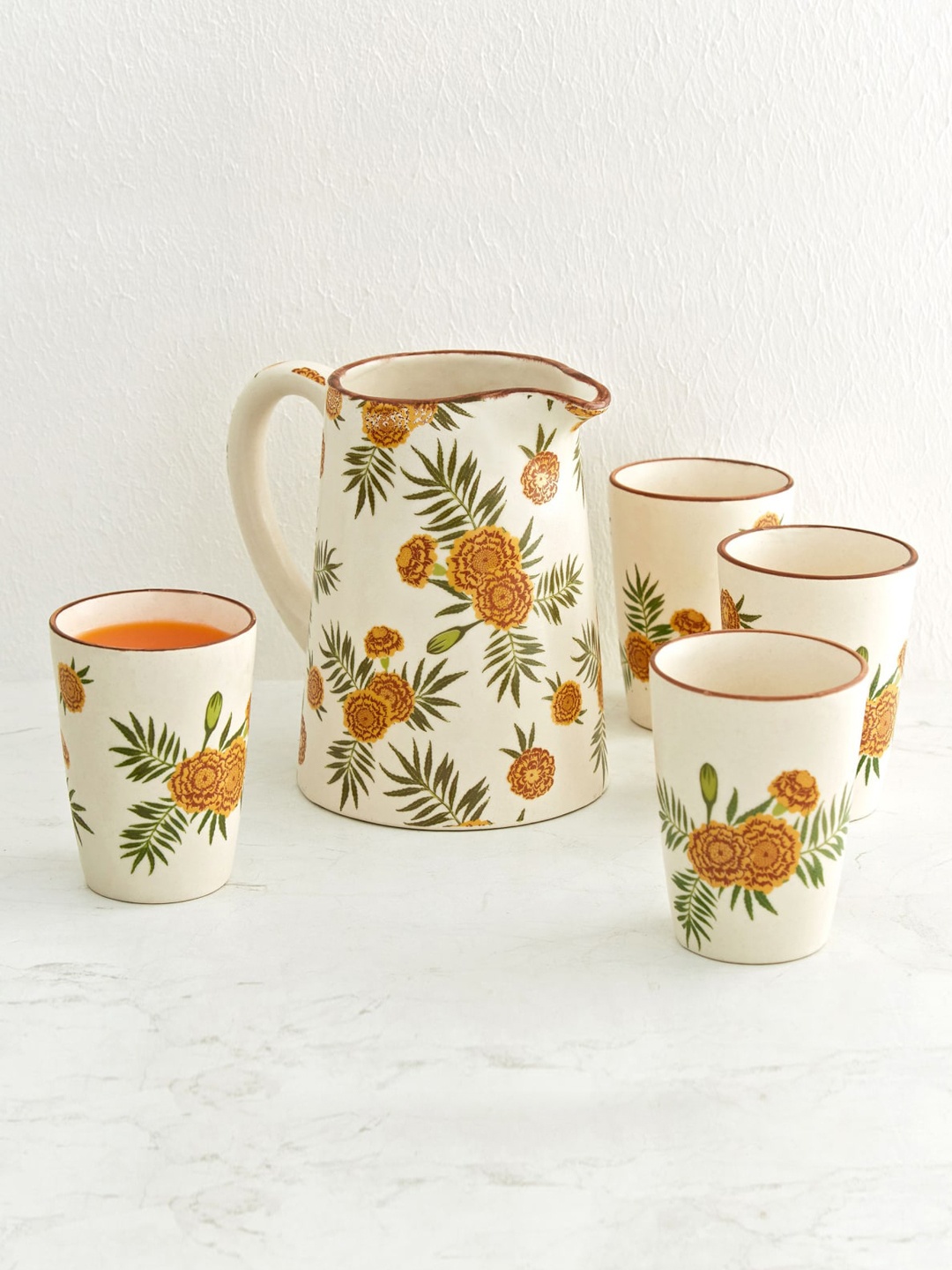 

Home Centre Multicolored Printed Stoneware Jug and Tumbler Set - 5Pcs, Multi