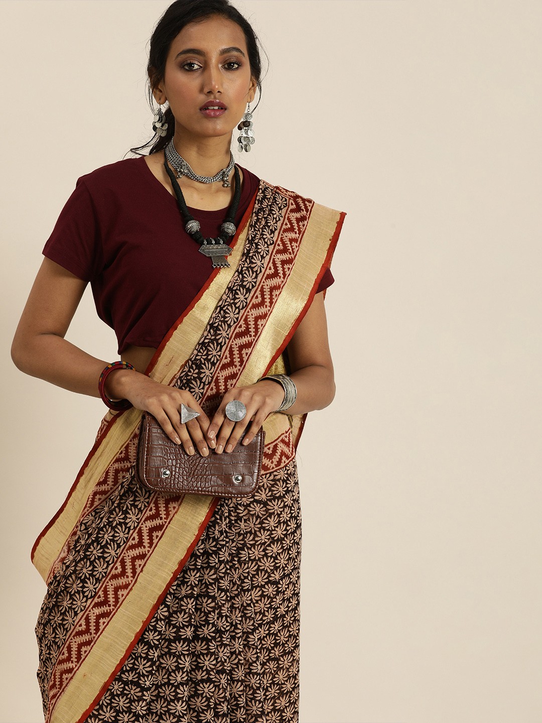 

Taavi Black & Beige Bagru Hand Block Print Ethnic Motifs Saree